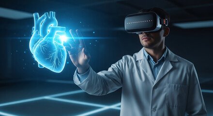 Man in virtual reality headset interacts with glowing blue 3 D human heart model VR headset augmented reality