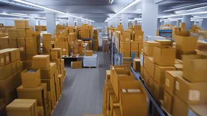 Workers organize stock in a large warehouse full of cardboard boxes and pallets - Powered by Adobe