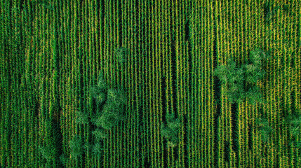 bird's eye view of tall corn field with green agriculture pattern