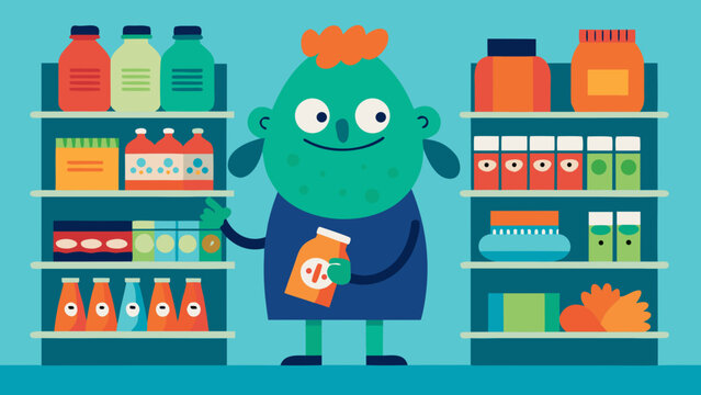 Funny cartoon character shopping in grocery store surrounded by colorful products and food packages on shelves