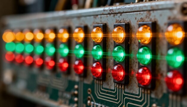 Displaying row of circular indicator lamps glowing inside enclosure on PCB, with rusted bezels