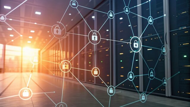 A modern data center with network connections and security locks, illuminated by sunset, symbolizing technology and cybersecurity.