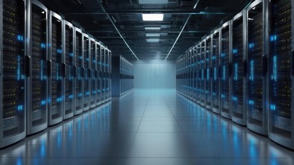 Rows of server racks in a data center hallway with glowing blue lights, symmetrical perspective
