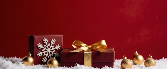 A festive scene featuring a burgundy gift box with a gold ribbon, gold ornaments, and a decorative snowflake against a rich red backdrop