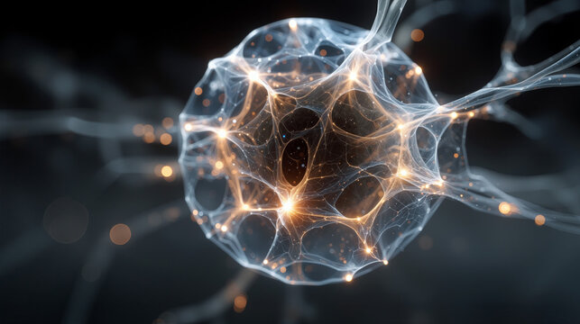Energy sphere expanding into an abstract neural network with glowing tendrils and fine details illustrating movement and connection