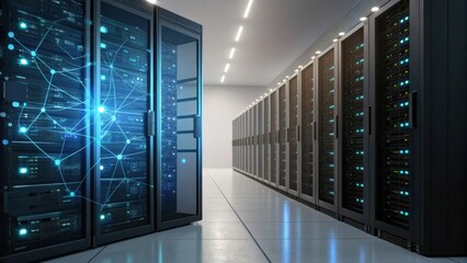 A modern server room featuring racks of servers with illuminated connections, highlighting a high-tech data environment.