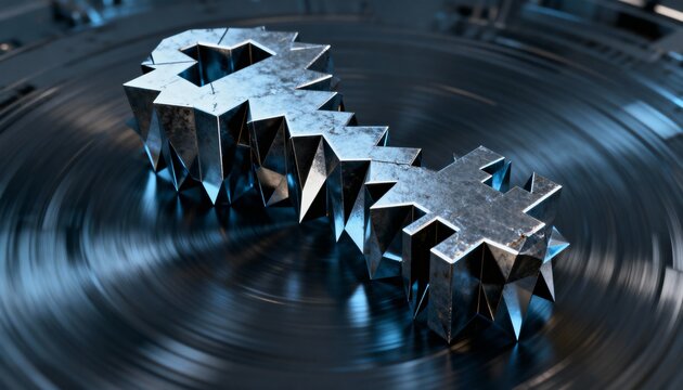 Spinning metal key-shaped object rotating on grooved platter in studio with scuffs and reflections - Powered by Adobe