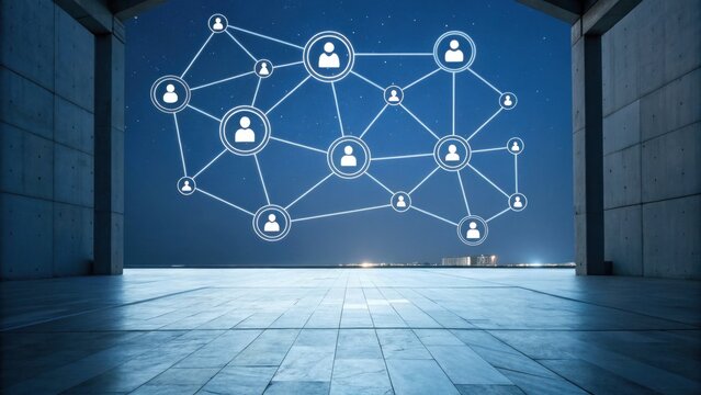 A digital network illustration showing interconnected user icons against a nighttime backdrop, symbolizing communication and connectivity. - Powered by Adobe