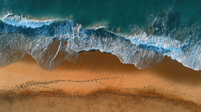 aerial view of sandy beach with footprints and shoreline texture