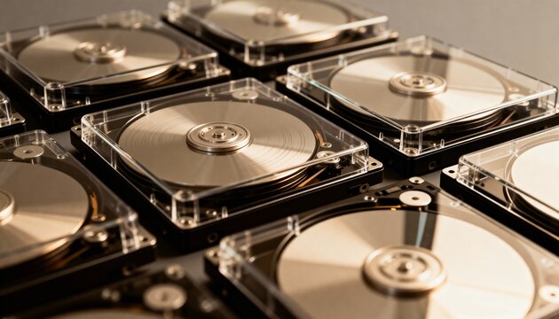 Displaying array of opened hard disk drives showing polished platters in studio, clear plastic lids