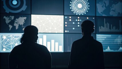 Two silhouettes observe various digital screens displaying data visualizations and graphics, highlighting technological insights.