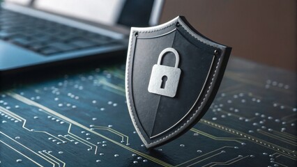 A digital shield with a padlock symbol, representing cybersecurity, sits on a circuit board background, emphasizing protection and digital security.