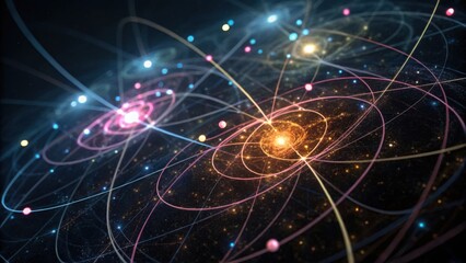 A visually striking representation of atomic structures with colorful orbits and particles, illustrating concepts of physics and the universe.