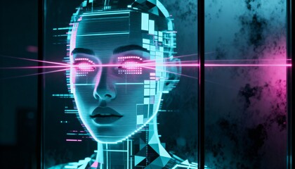 Projecting holographic avatar head emitting magenta beam behind glass panels in tech bay, glitches