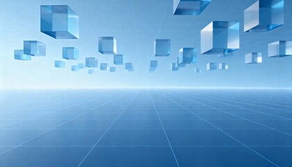 Floating clear blue cubes receding toward center horizon on shiny tiled grid, casting reflections