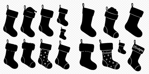 A collection of black silhouette Christmas stockings in various designs and sizes, perfect for holiday decorations and festive themes.