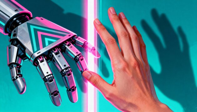 Reaching human hand touching chrome robotic hand on teal backdrop, neon strip casting magenta rim