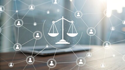 A digital illustration of interconnected people icons surrounding a central scale symbolizing justice and balance in a modern, professional setting.