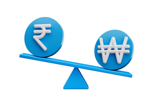 3d White Rupee And Won Symbol On Rounded Blue Icons With 3d Balance Weight Seesaw, 3d illustration
