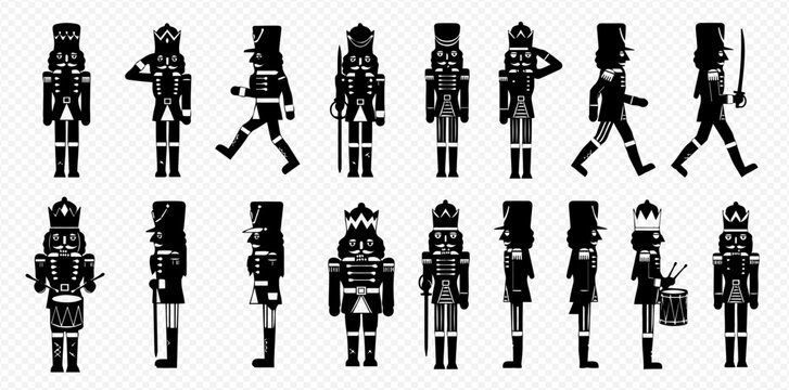A collection of black silhouette nutcracker soldiers in various poses and with different instruments.