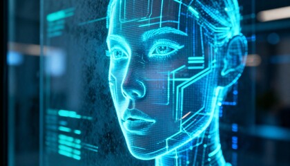 Projecting cyan holographic face on right transparent panel in lab, showing circuit neck and UI