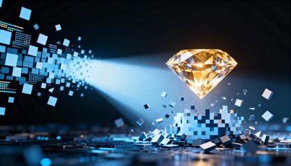 Hovering faceted golden diamond above circuit board, pixel cubes and blue stream, copy space