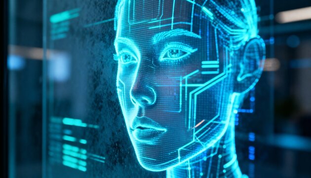 Projecting cyan holographic face on right transparent panel in lab, showing circuit neck and UI