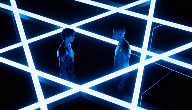 Standing 2 shirtless men facing at center, rim-lighting bodies on glossy floor with cyan-blue bars