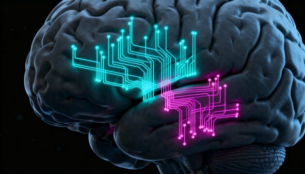 Displaying 3D human brain showing cyan and magenta circuit traces plus cerebellum in black void
