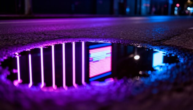 Reflecting shallow puddle capturing neon bars and pink-blue LED grid on wet asphalt at night