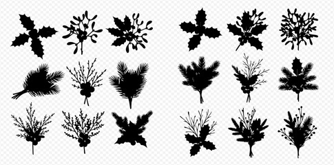 Collection of black silhouettes of various Christmas and winter holiday plants and branches, including holly, mistletoe, and pine.