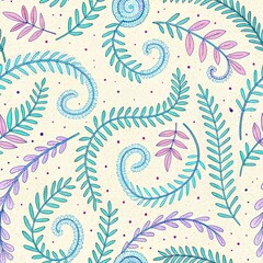 Fototapeta premium Seamless pattern featuring stylized blue and pink fern fronds and spirals on a textured cream background
