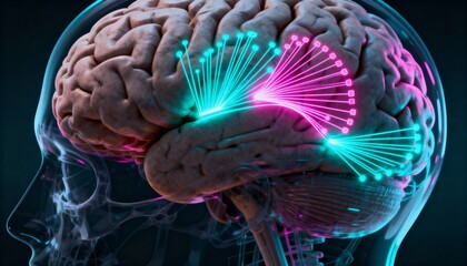 Showing glassy skull revealing cerebrum cerebellum against dark backdrop with cyan magenta tracts