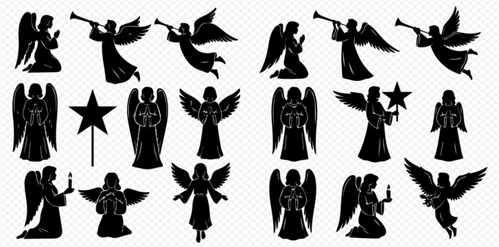 Collection of black angel silhouettes in various poses, including praying, trumpeting, and holding candles, with a star.