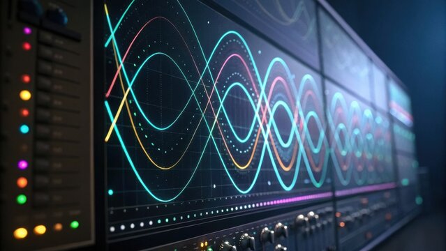 A visually striking display of colorful waveforms and signals on a digital interface, showcasing advanced technology and data visualization.