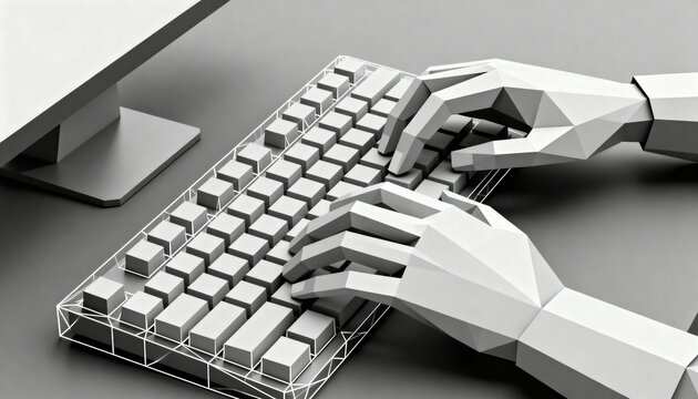 Typing low-polygon faceted hands pressing cuboid keycaps on compact keyboard at desk, wireframe
