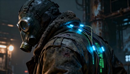 Standing figure wearing heavy coat with fur collar and gas mask in decayed factory, glowing cables