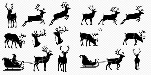 Collection of black reindeer silhouettes in various poses, including standing, running, grazing, and pulling Santa's sleigh, perfect for Christmas designs.