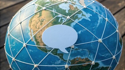 A globe with a network grid and a speech bubble, symbolizing global communication and connection.