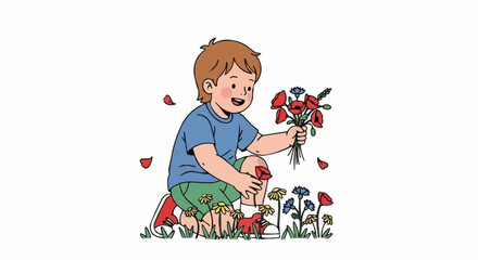 Young boy happily picking flowers from the garden, enjoying the sunny day. © Ping