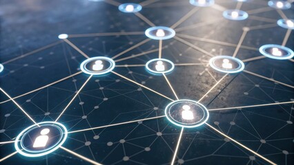 A digital network illustration showing interconnected user icons with glowing nodes, symbolizing connections and information flow.