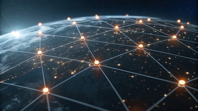 A digital representation of Earth highlighting interconnected networks and glowing nodes, symbolizing global communication and technology.