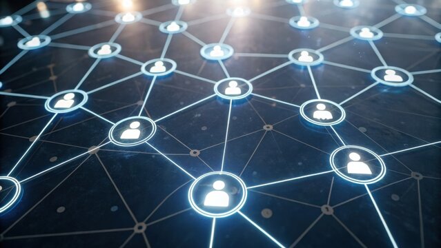 A digital network visualization depicting interconnected user icons, symbolizing social connections and digital communication.