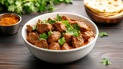 Spiced lamb curry with cilantro garnish in bowl, warm flatbread at side, aromatic and rich