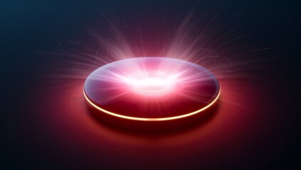 Emitting futuristic circular disk producing radial beams on dark glossy stage, with illuminated rim