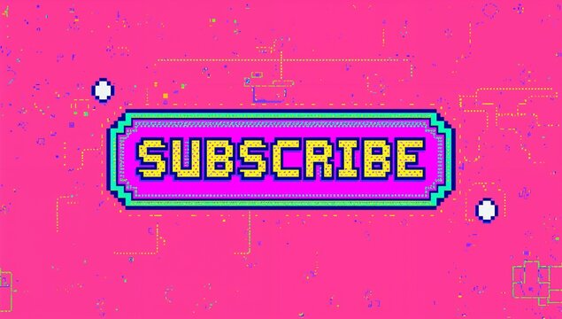 Pulsing central 8-bit SUBSCRIBE badge flashing on arcade poster, with two blue diamond sprites