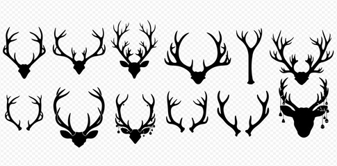 Collection of black silhouette deer antlers and deer heads, featuring various shapes and sizes of majestic stag horns, ideal for design elements.
