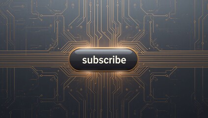 Glowing central subscribe button sitting at center with warm halo, gold circuit traces radiating