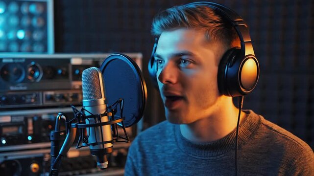 Young man with headphones recording audio in a sound studio with professional equipment Keywords: man, male, young, adult, headphones