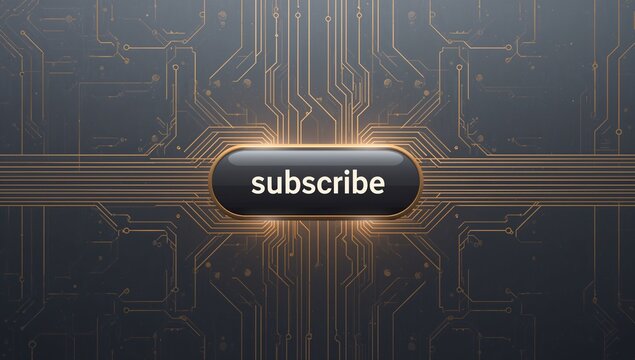 Glowing central subscribe button sitting at center with warm halo, gold circuit traces radiating